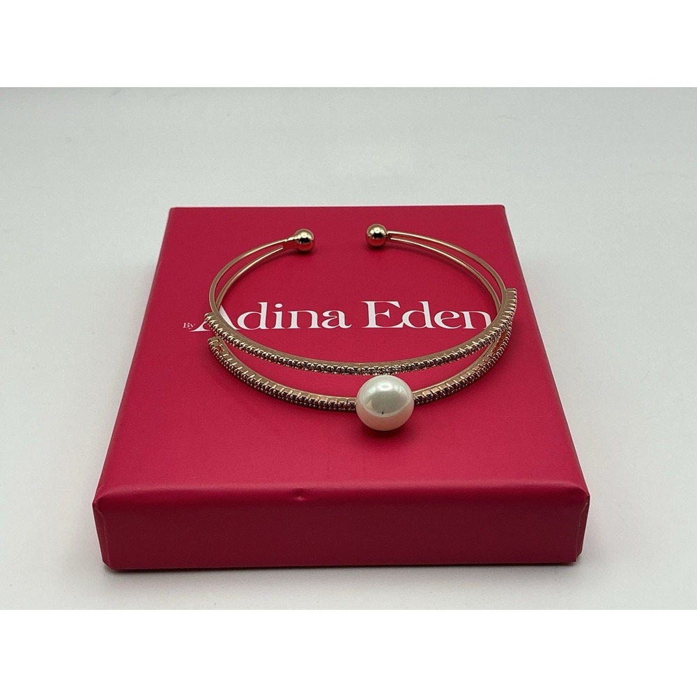 Adina Eden 14K Gold Plated Pearl Open Cuff Bracelet Waterproof NIB